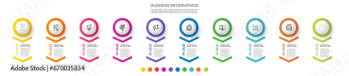 Vector business infographics template. Timeline with ten circle, icon, arrow, steps, 10 number options. Can be used for workflow layout, diagram, chart, banner, web design. Modern illustration