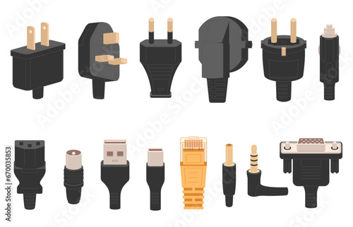 A set of various plug connectors for electronic devices. Plugs of electric sockets. Vector illustration