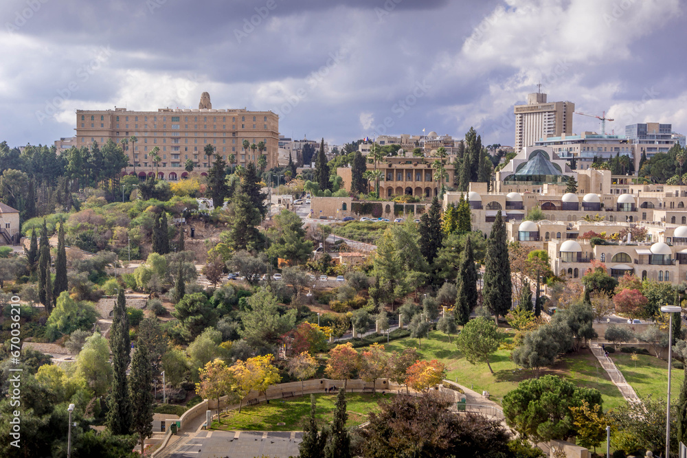 The view on the King David Hotel, France Consulate, and the green park at the center of Jerusalem, Israel.
