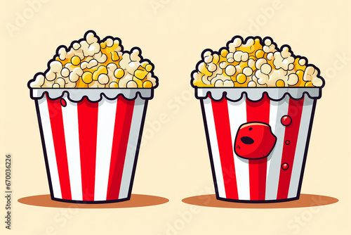 Popcorn in classic striped red white cardboard box in cartoon style for cinema poster. Takeaway fast food in trendy flat style. Restaurant junk food menu. Vector Illustration.