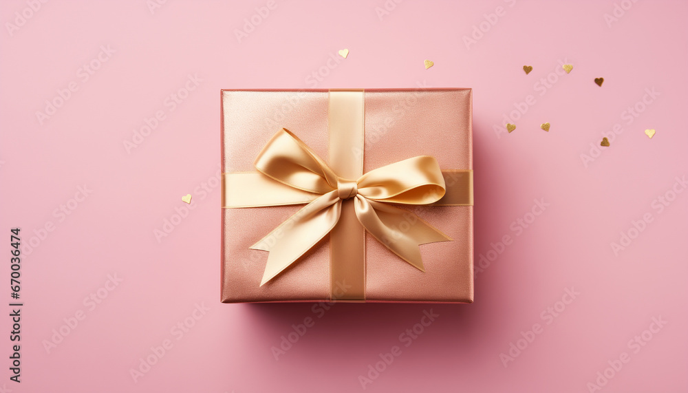 Gift with ribbon and heart confetti on pink background. Gift with ribbon and heart confetti on pink background.
