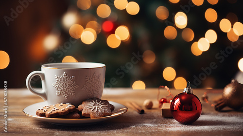 cioccolata con biscottini su sfondo sfocato con lucine natalizie, festività photo