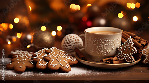 tazza bianca con cioccolata e biscotti di pan di zenzero di Natale, sfondo sfocato con lucine di natale,  photo