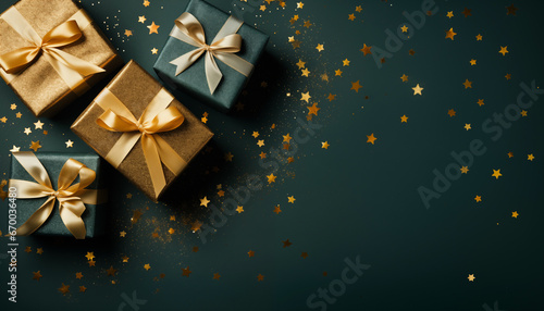 Christmas gifts with gold colored confetti on dark green background. © Eva