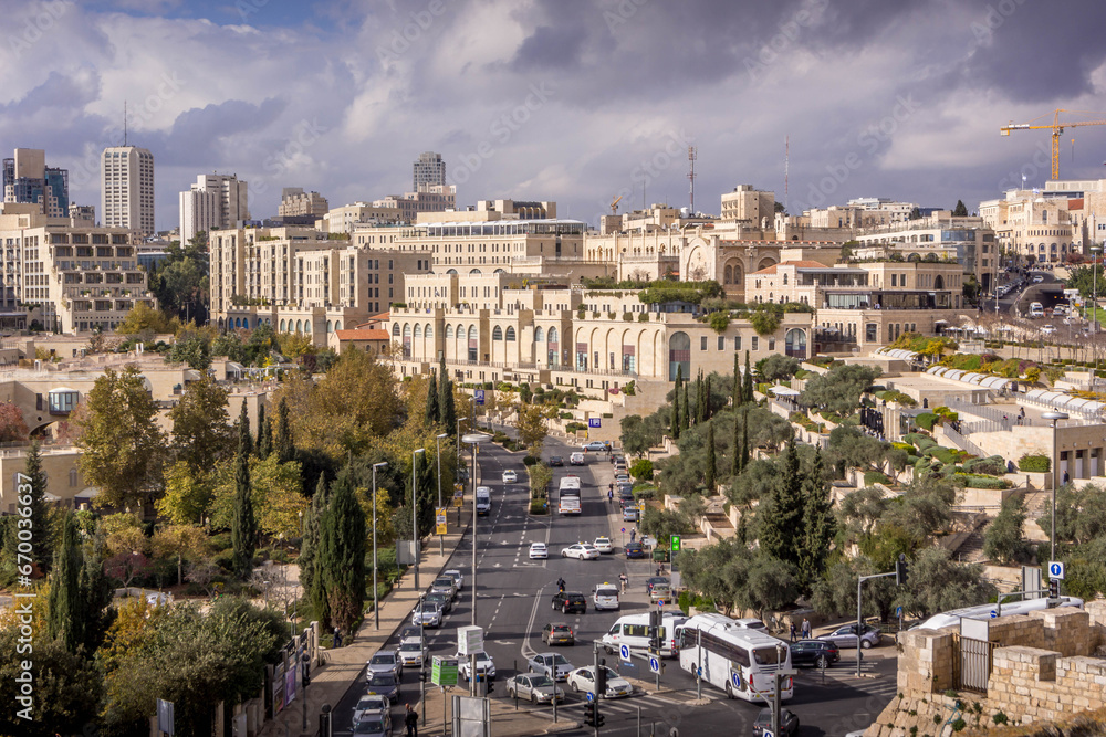 The downtown of Jerusalem, Israel, with the street road, David Citadel Hotel and shopping mall during the cloudy autumn day.