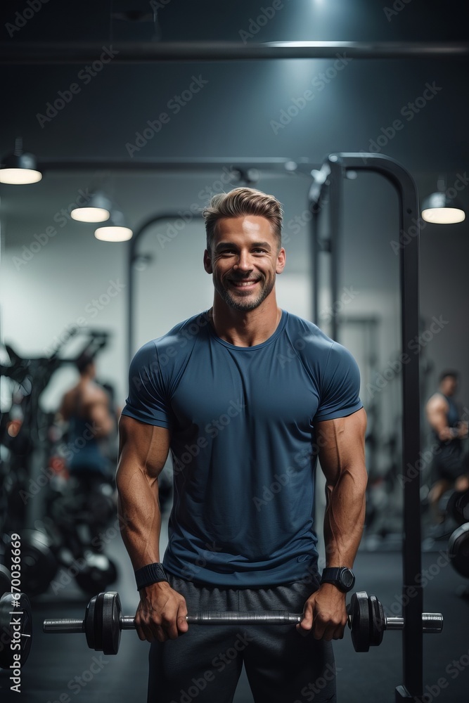Portrait of handsome muscular man wearing a blue t-shirt standing in the background of sport gym Portrait of handsome muscular man wearing a blue t-shirt standing in the background of sport gym