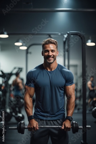 Portrait of handsome muscular man wearing a blue t-shirt standing in the background of sport gym