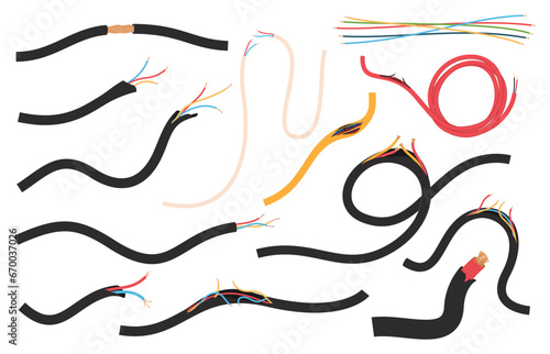 Damaged electronic cables. Danger with voltage due to broken wire. Breakdown of electrical appliances. Vector illustration