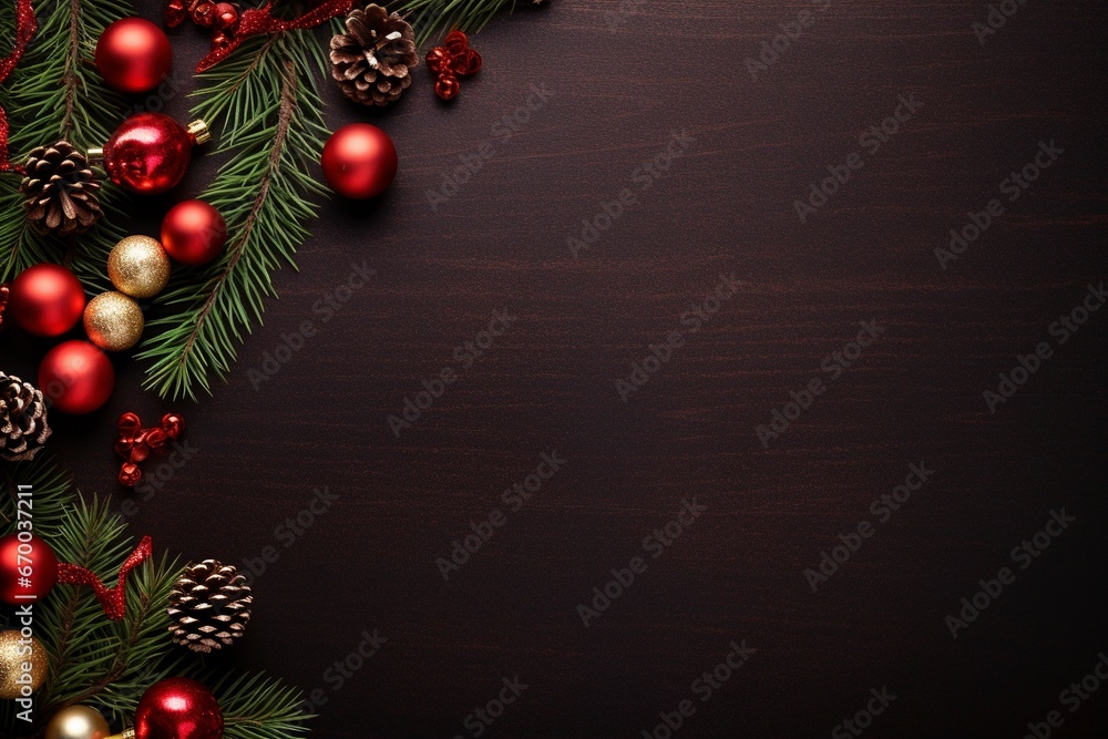 a luxury christmas border with christmas brance, gifts, pine tree leaf, little lamps decoration, red premium metal background for flat lay, generative ai