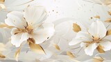 Luxury minimalist wallpaper with gold-lined flowers and botanical leaves.