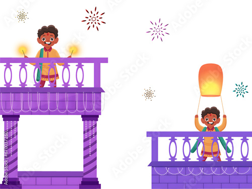 Cheerful Boys Celebrating Diwali on Their Roof And Fireworks Background. photo