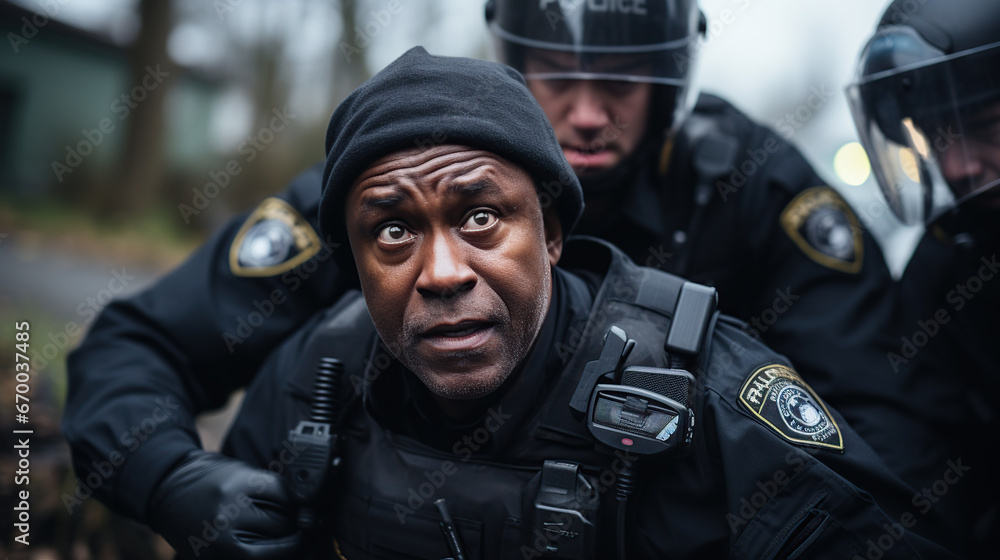 Two multiracial police officers target suspects Police use weapons to threaten suspects Criminals place their hands on their heads in compliance. Police were able to arrest him successfully Two multiracial police officers target suspects Police use weapons to threaten suspects Criminals place their hands on their heads in compliance. Police were able to arrest him successfully