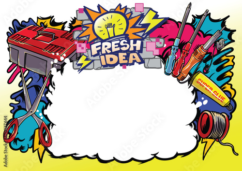 Graffiti illustration with street graffiti letters, tags, words, street art, style, spray paint, emoji, fresh and colorful