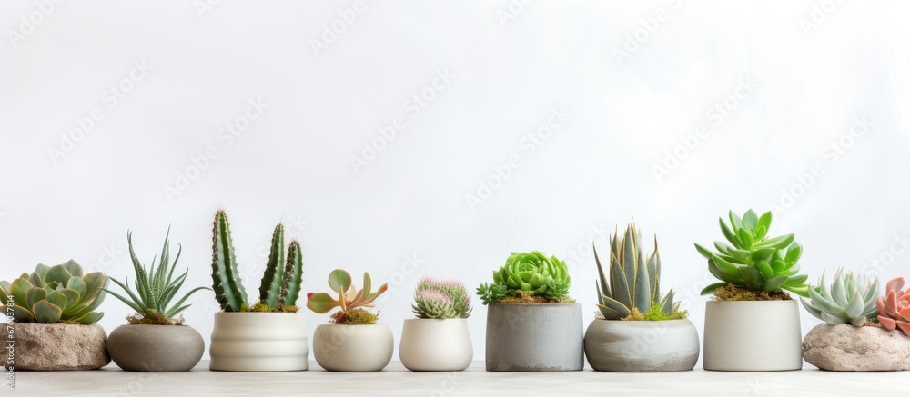 Tray garden with succulents or cactus in concrete pots Tray garden with succulents or cactus in concrete pots