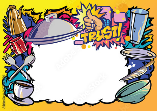 Graffiti illustration with street graffiti letters, tags, words, street art, style, spray paint, emoji, fresh and colorful