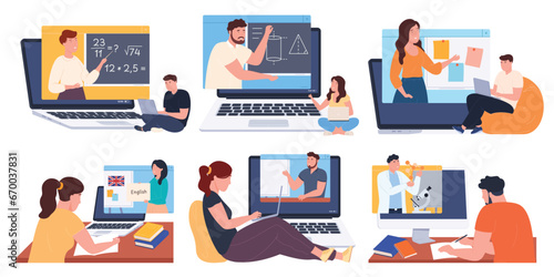 Distance learning using modern technologies. Online tutoring. Independent study of various interesting topics. Vector illustration
