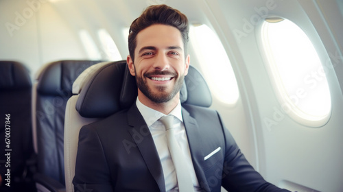 Business class airplane, Successful Businessman entrepreneur sits in a luxurious Flying first class cabin, Private jet, Comfortably travel, fly to meeting, have luxury lifestyle, famous celebrity © chiew