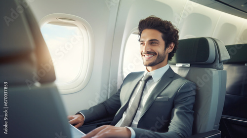 Business class airplane, Successful Businessman entrepreneur sits in a luxurious Flying first class cabin, Private jet, Comfortably travel, fly to meeting, have luxury lifestyle, famous celebrity