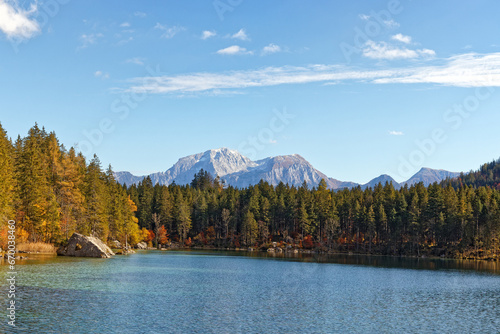 View over the lake Hintersee near Ramsau to the peaks of the Berchtesgaden Alps, Bavaria, Europe