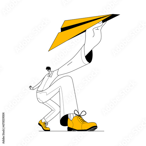 Man launches paper airplane. Conceptual illustration on topic of a startup. Isolated vector character.
