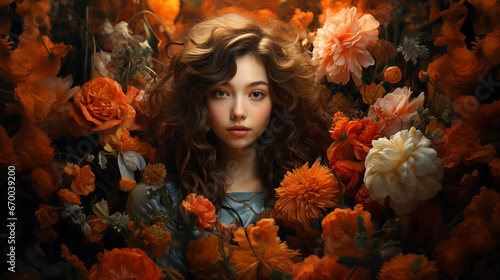 A young woman's portrait with flowers in the background.