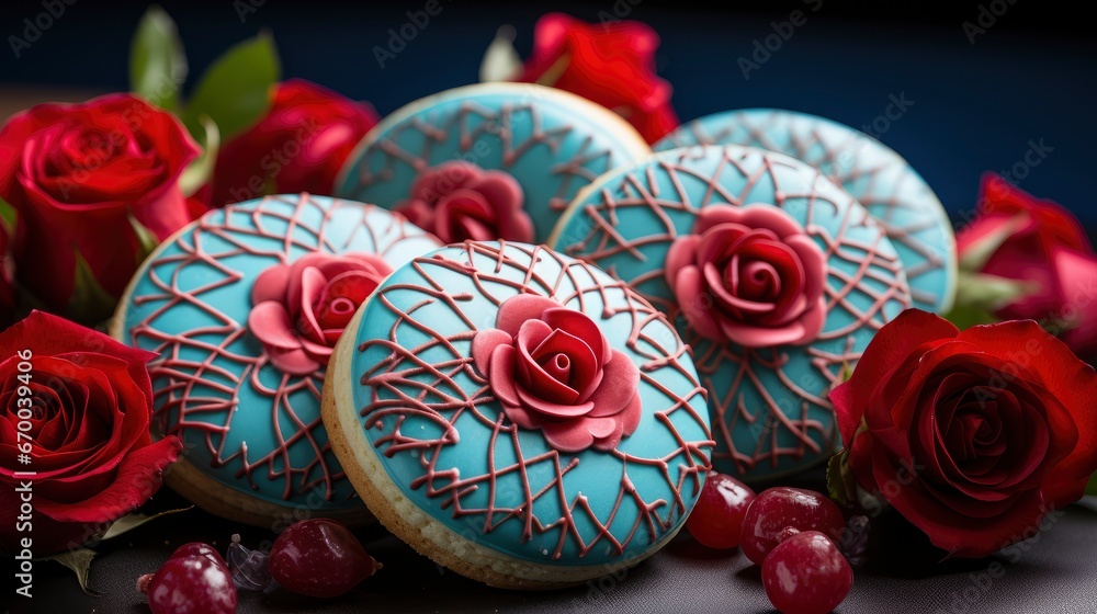 Decorated Heart Shaped Cookies On Blue , Background Image, Valentine Background Images, Hd