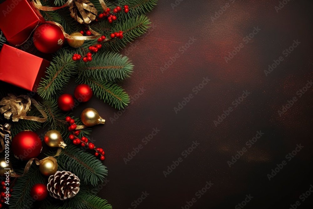 a luxury christmas border with christmas brance, gifts, pine tree leaf, little lamps decoration, red premium metal background for flat lay, generative ai