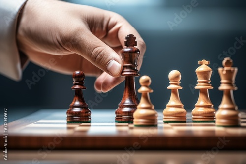 Man moving chess piece on board. Sport king move game strategy. Generate Ai