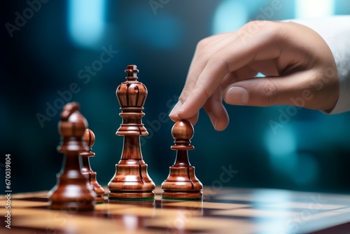 Man moving chess piece on wooden board. Power thinking play strategic. Generate Ai