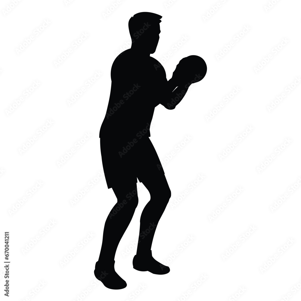 Black silhouette of a handball player with a ball in his hands standing in a half-turn to throw at the goal