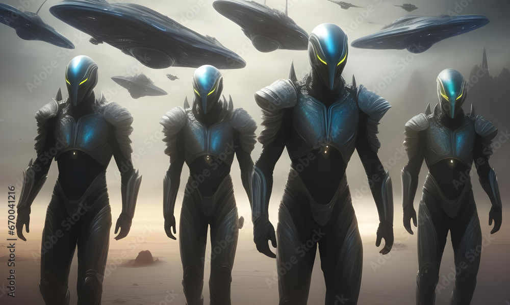 Atmospheric alien battle force with spaceships flying over. Generative AI Atmospheric alien battle force with spaceships flying over. Generative AI