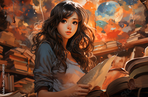  Manga style illustration of a young girl studying and reading in a library. Studious teenager. Beautiful and attractive student doing schoolwork. Japanese anime style drawing.