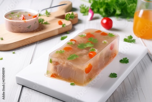 Russian meat jelly isolated on board. Cuisine meal wooden aspic chicken. Generate Ai photo