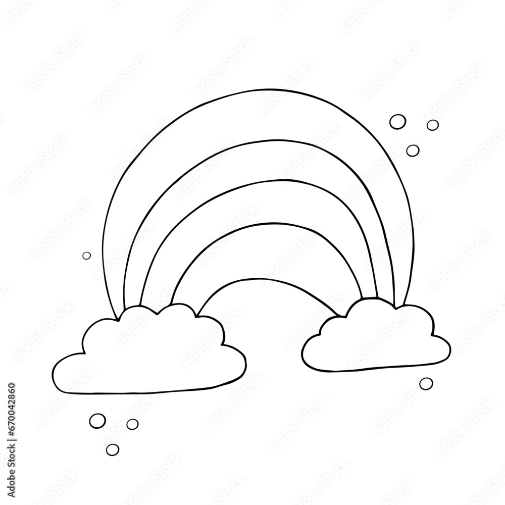 Linear sketch, children's coloring of a rainbow with clouds and stars.Vector graphics. Linear sketch, children's coloring of a rainbow with clouds and stars.Vector graphics.