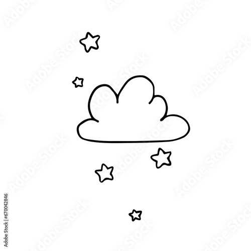 Linear sketch, children's coloring of a cloud with stars.Vector graphics.