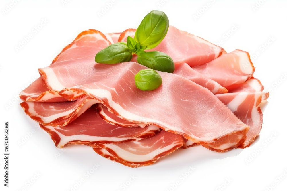 Slices of tasty ham and basil leaves. Ingredient gourmet meal italian food. Generate Ai Slices of tasty ham and basil leaves. Ingredient gourmet meal italian food. Generate Ai