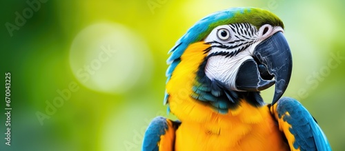Blue and yellow macaw parrot bird is enclosed in the garden