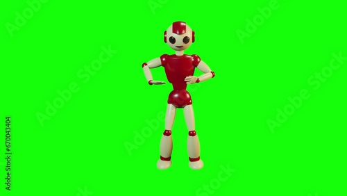 Smiling happy toy robot dancing 3d render green screen loop seamless