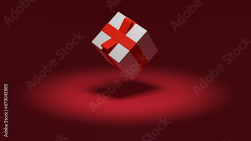 Spotlight of a gift box on the red background, 3DCG rendering, Christmas