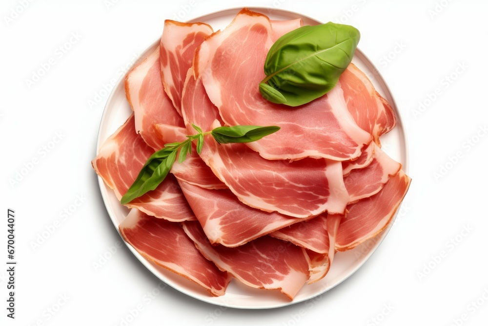 Slices of tasty ham and basil leaves serrano slice. Natural pork meat fresh product. Generate Ai Slices of tasty ham and basil leaves serrano slice. Natural pork meat fresh product. Generate Ai