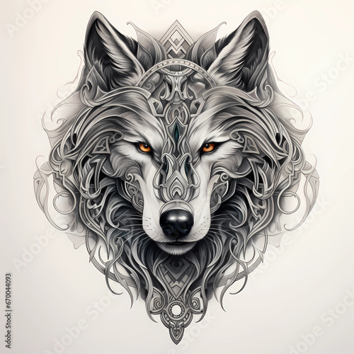Wolf head. Scandinavian style. Stylized wolf head from front view. Black and white design for tattoo. Tribal tattoo of the wolf head in Celtic and Nordic ornament flat style design