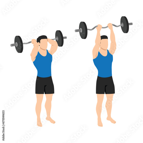 Man doing barbell reverse grip tricep extension exercise. Flat vector illustration isolated on white background