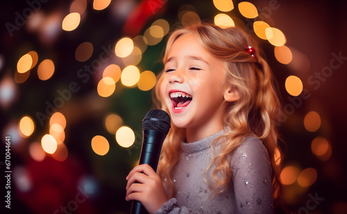 Girl or Child with a microphone singing a Christmas carol at a school play. Concept of Christmas time and the magical holiday spirit. Shallow field of view.