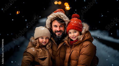 A father with his daughters in winter. It's a time to be with the family. Christmas and New Year's Eve.