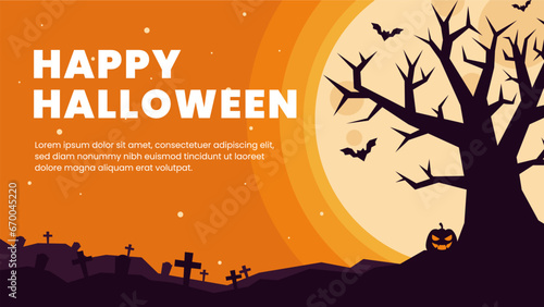 Happy Halloween with an orange background and a tree silhouette. This vector illustration features Halloween pumpkins, bats, and gravestones, with a copy space area.