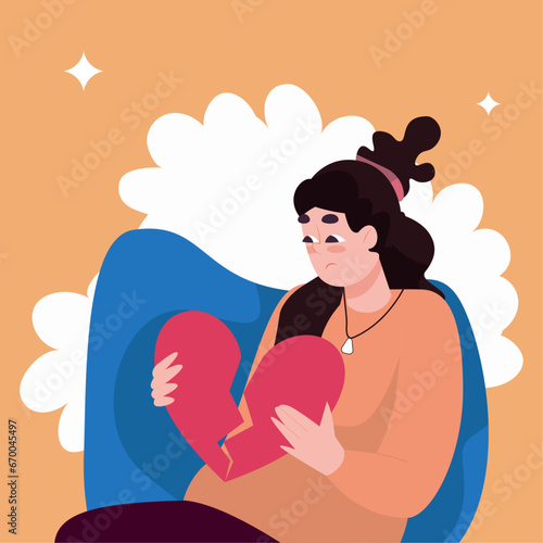 Girl holding a broken heart with her hands. The concept of disappointment in love, dislike for oneself, non-recognition by society.