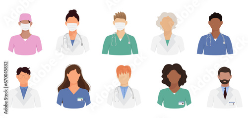 Male and female medical personnel avatars in different color uniforms in faceless style collection	