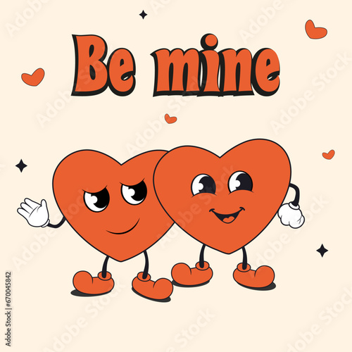 Cute groovy hearts couple. Valentine s Day retro style greeting card with editable text