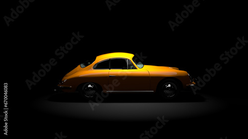 Classic car isolated on a uniform background. Yellow sports car on a black background. 3D illustration.