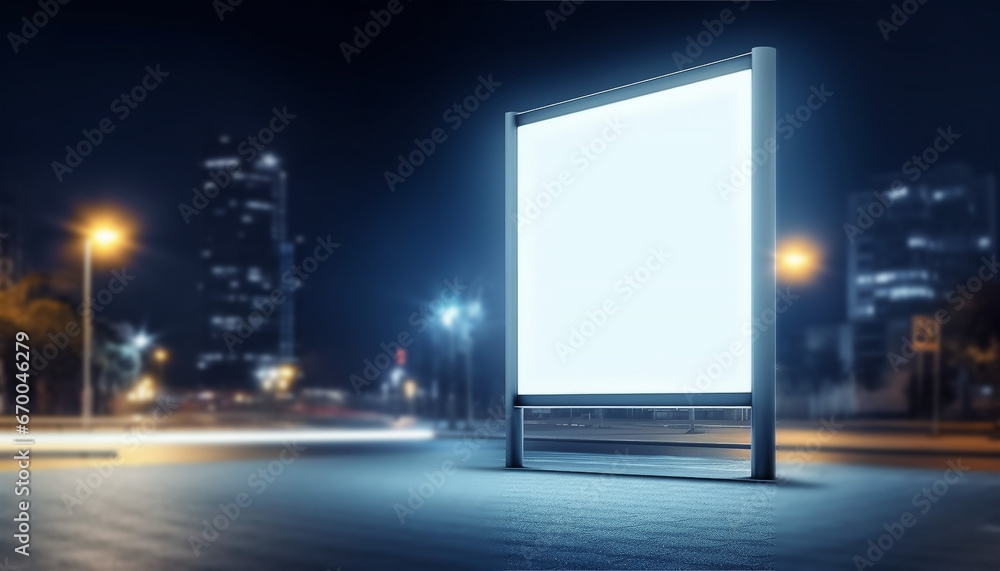 Billboard mockup in the city by night. Empty advertisement board, blank white signboard on roadside in city, blank billboard in city in night time, White signboard or lightbox on roadside for advertis